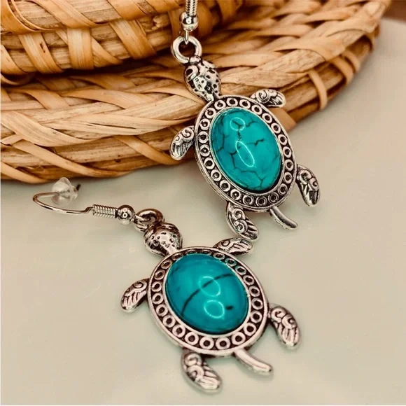 Bohemian Silver Turtle Drop Earrings with Turquoise Accents - Picture 2 of 6